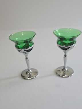 Vintage Farber Bros Krome Kraft Set Of 2 Green Cocktail Glasses Chrome Stem